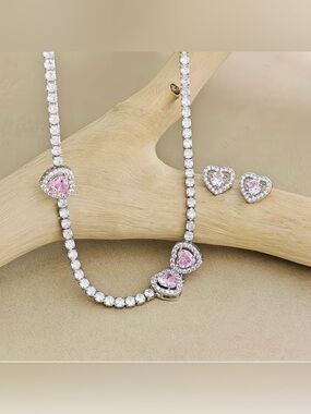 Heart-Shaped Pink CZ Tennis Necklace and Earrings Set